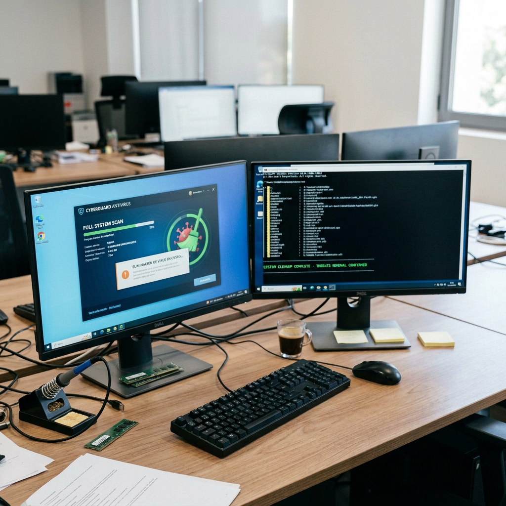 Cybersecurity worker monitoring antivirus scan and threat detection on dual monitors
