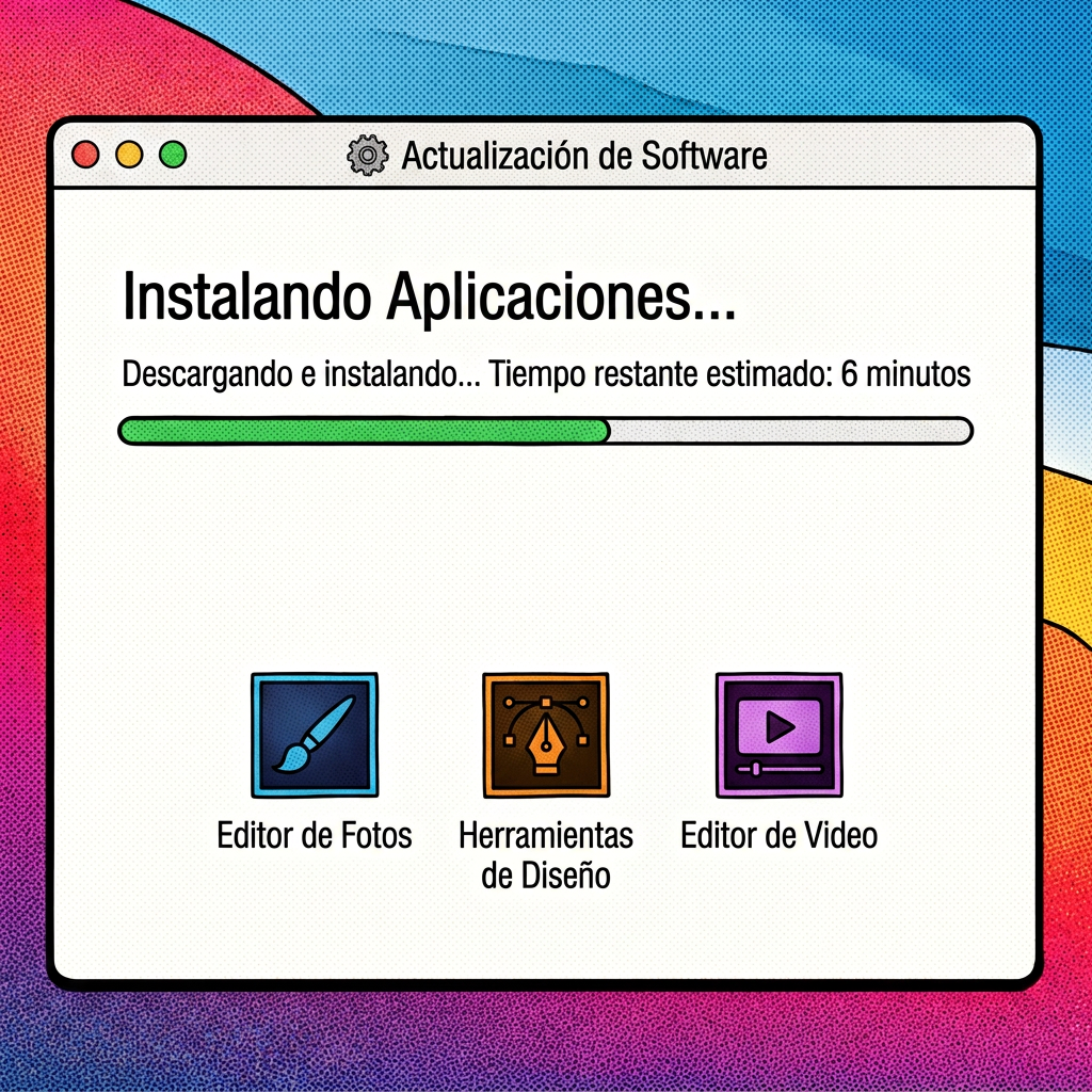 Laptop screen reads “Instalando Creative Suite” with Photoshop, Illustrator, and Premiere Pro installation progress.